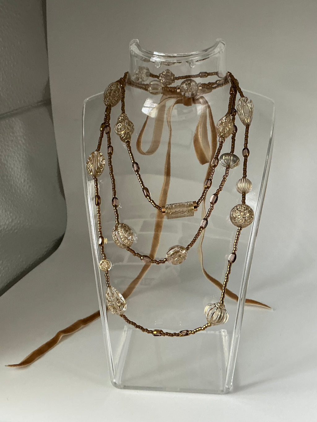 Gold Tabitha vintage bead inspired velvet ribbon necklace