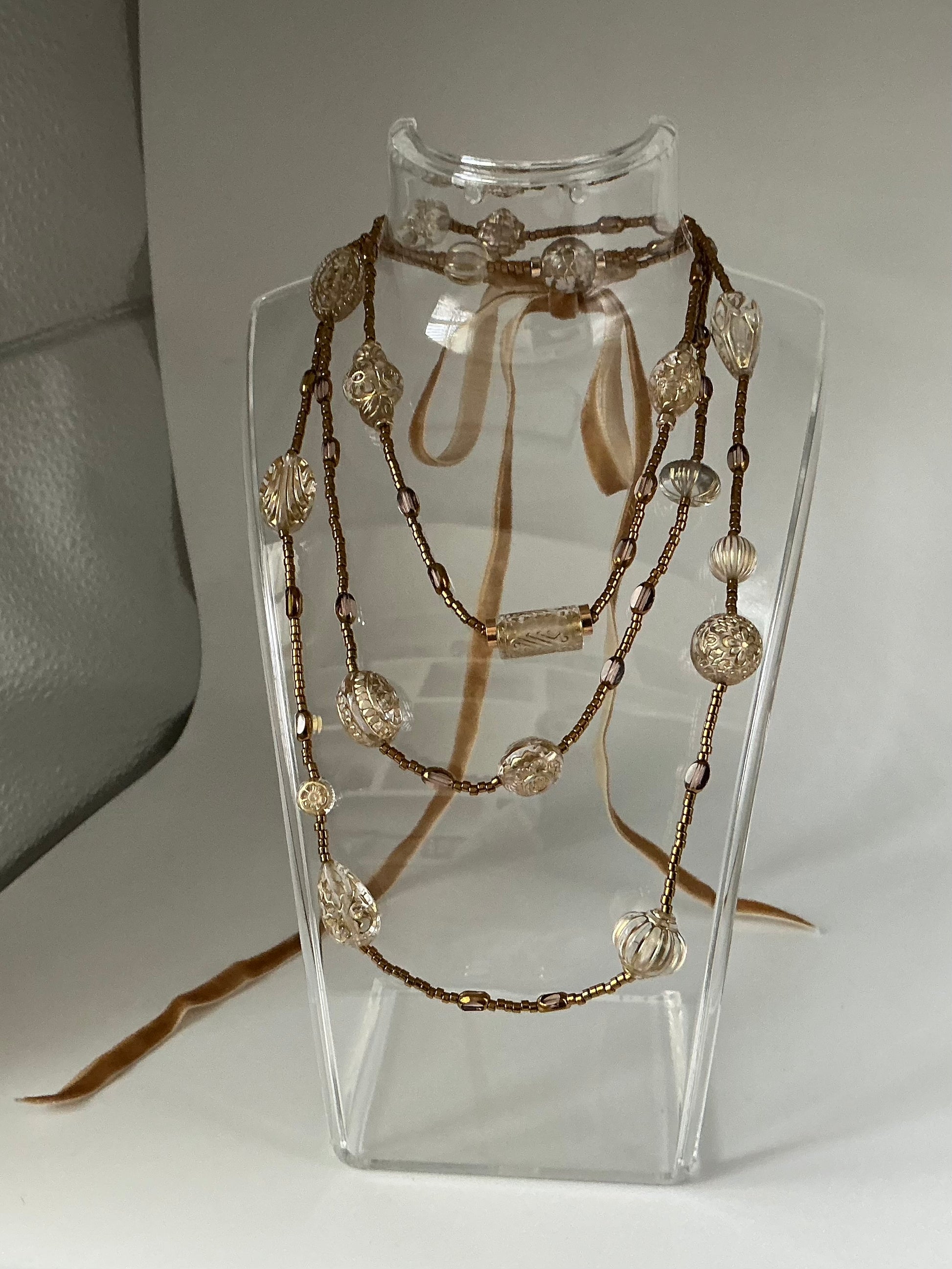 Gold Tabitha vintage bead inspired velvet ribbon necklace
