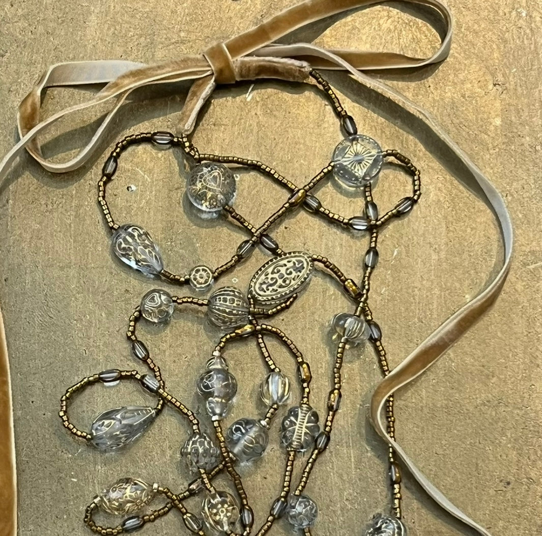 Gold Tabitha vintage bead inspired velvet ribbon necklace
