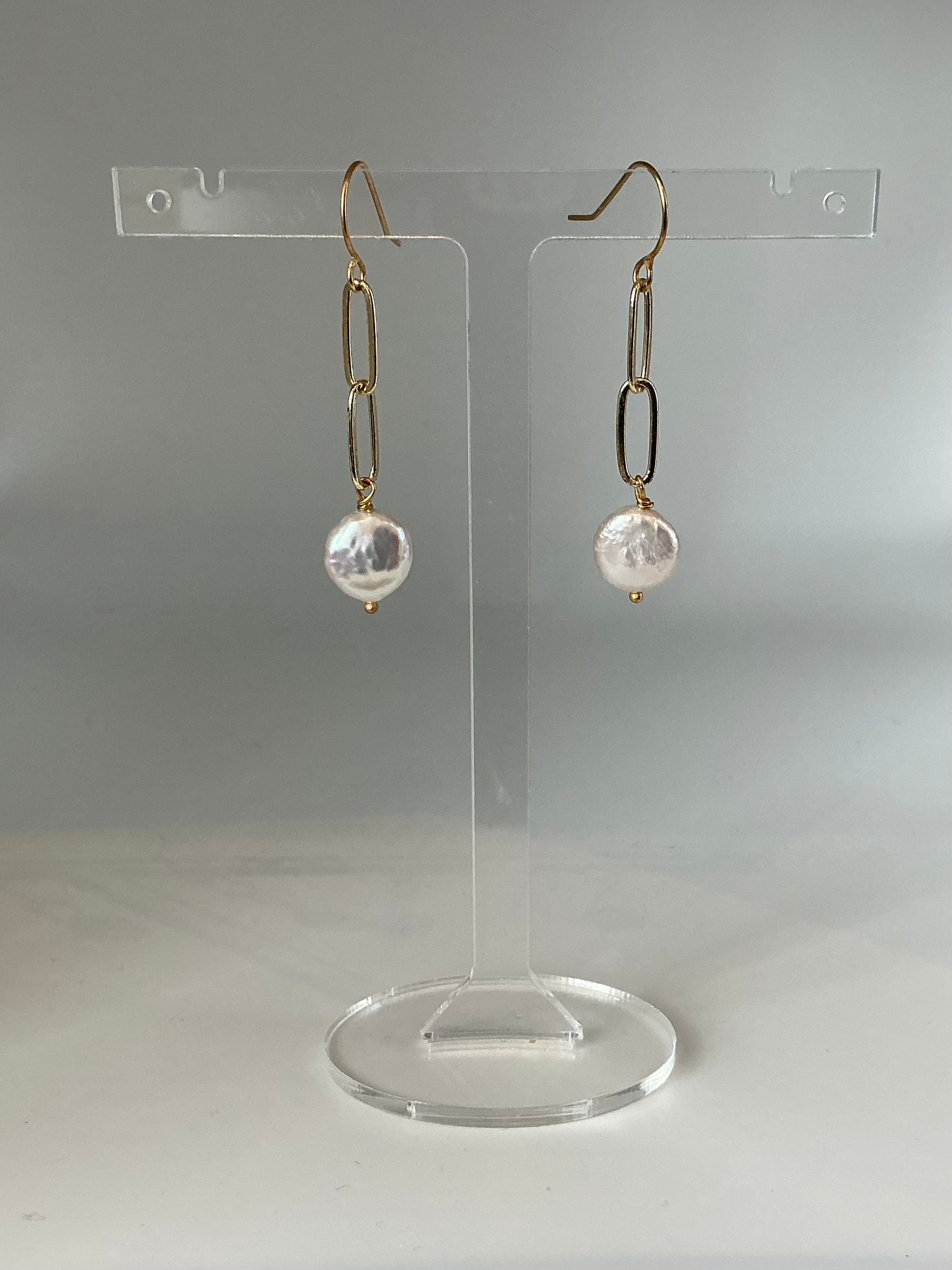 Coin pearl and paperclip chain earrings