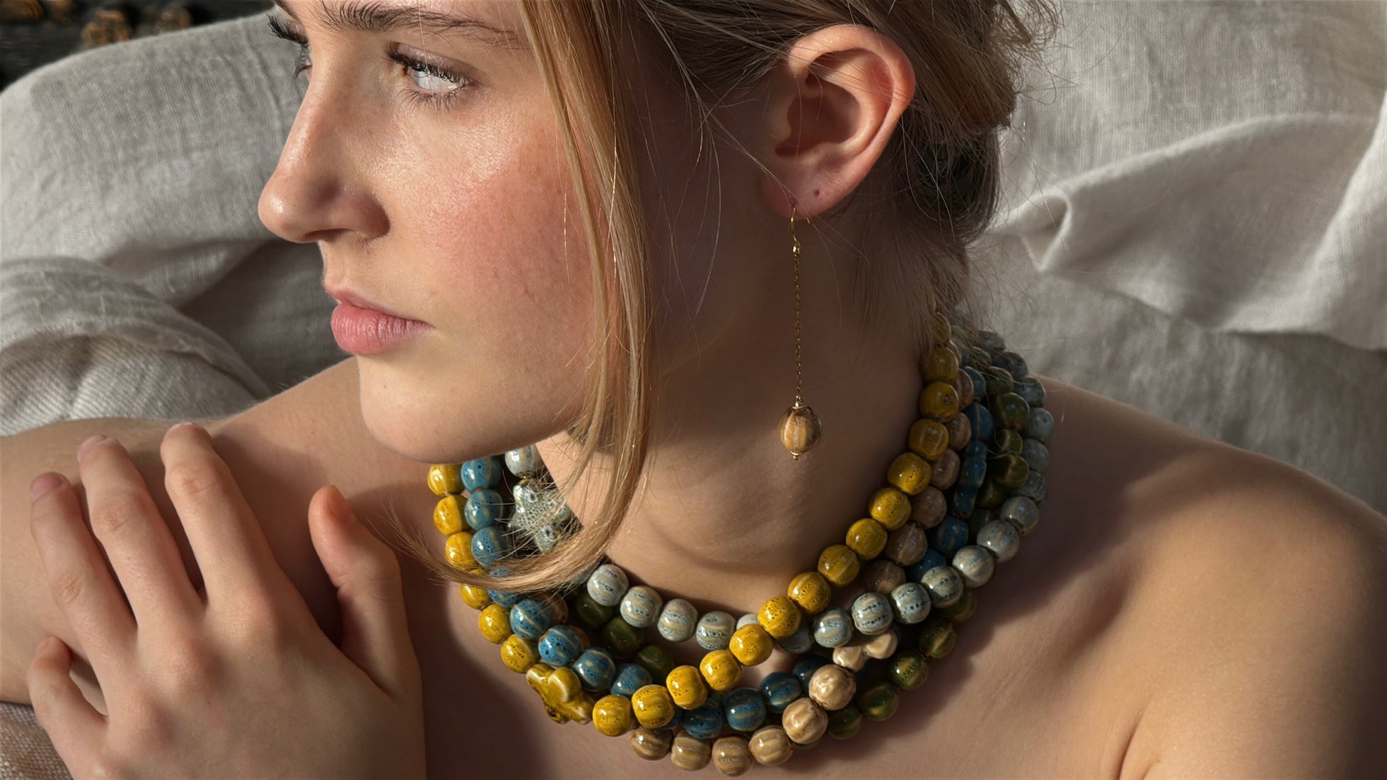 Mustard Antonia ceramic bead necklace with cross