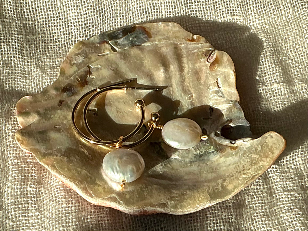 Coin pearl hoop earrings