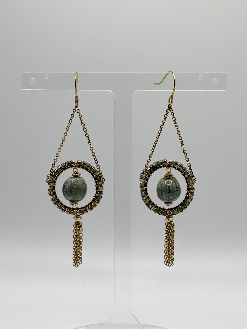 Pistachio Aurora ceramic bead chandelier tassel earrings