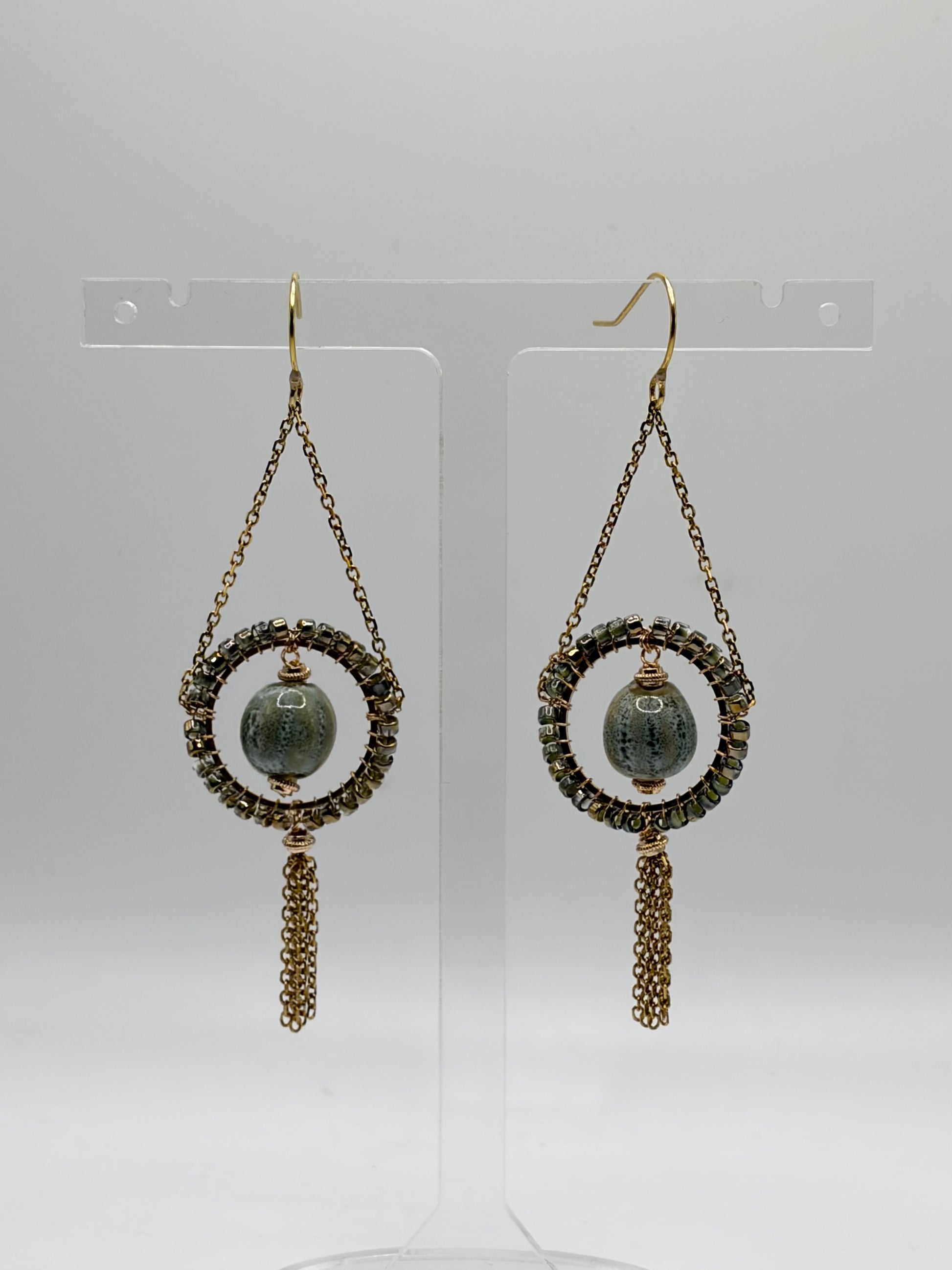 Pistachio Aurora ceramic bead chandelier tassel earrings