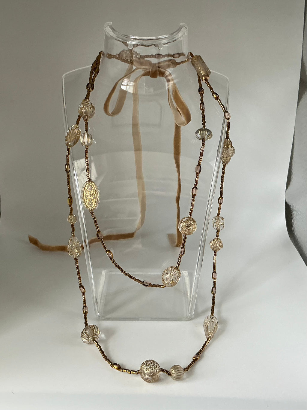 Gold Tabitha vintage bead inspired velvet ribbon necklace