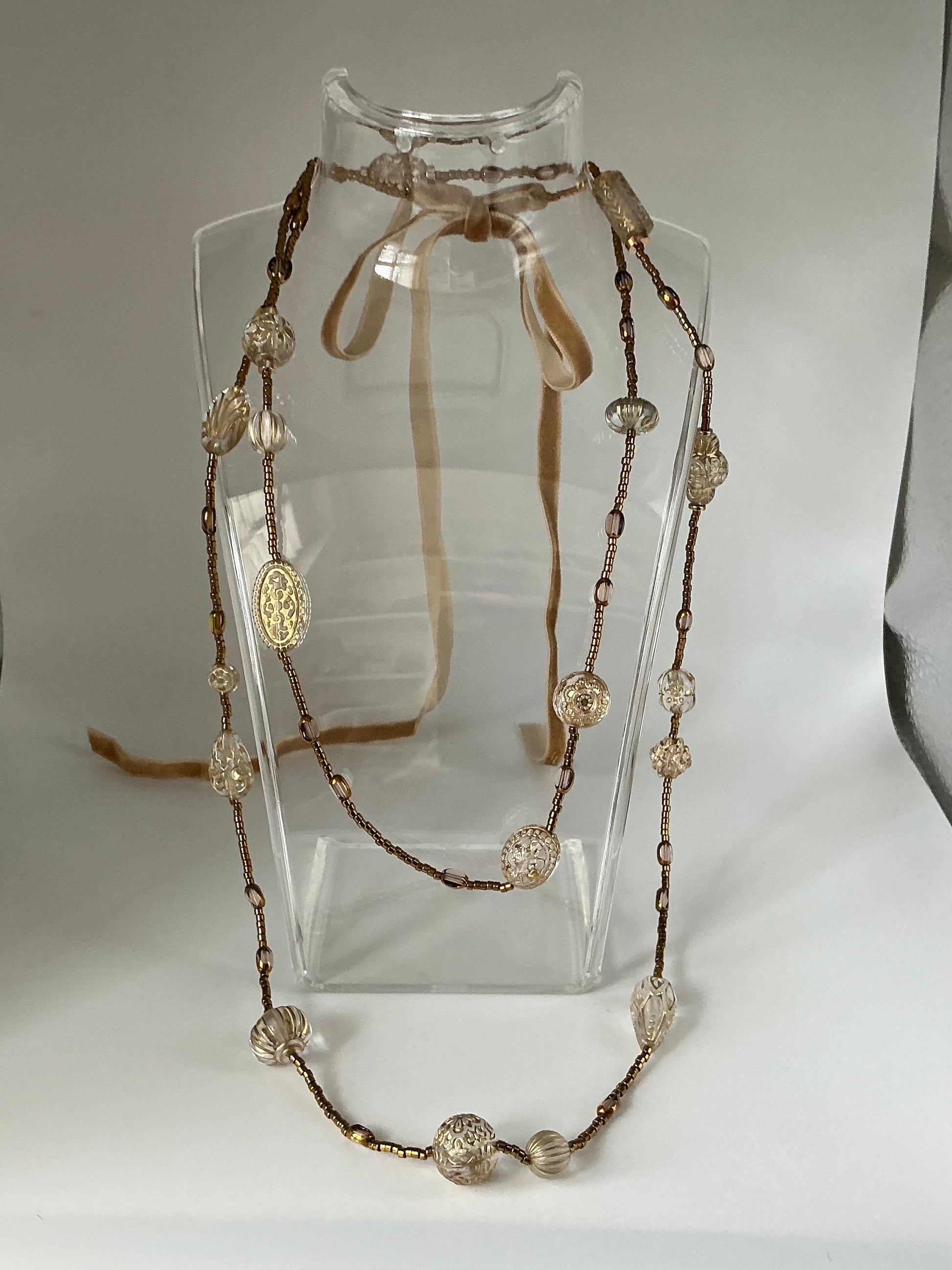 Gold Tabitha vintage bead inspired velvet ribbon necklace