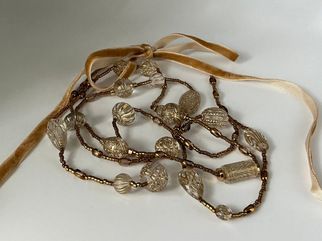 Gold Tabitha vintage bead inspired velvet ribbon necklace