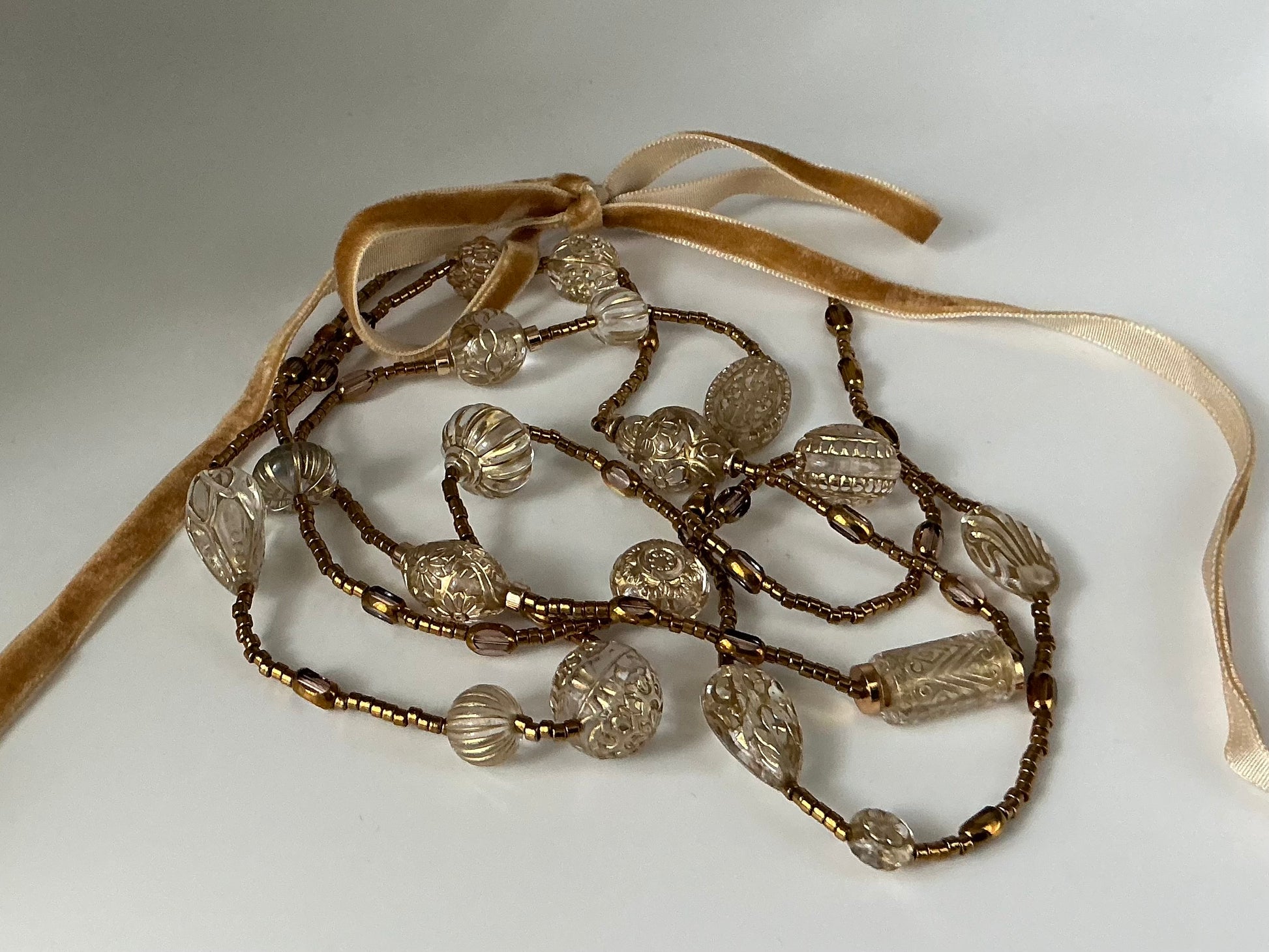 Gold Tabitha vintage bead inspired velvet ribbon necklace