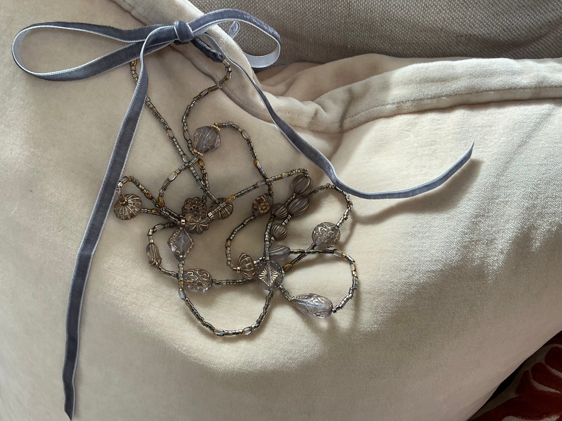 Dove grey Tabitha vintage bead inspired ribbon necklace
