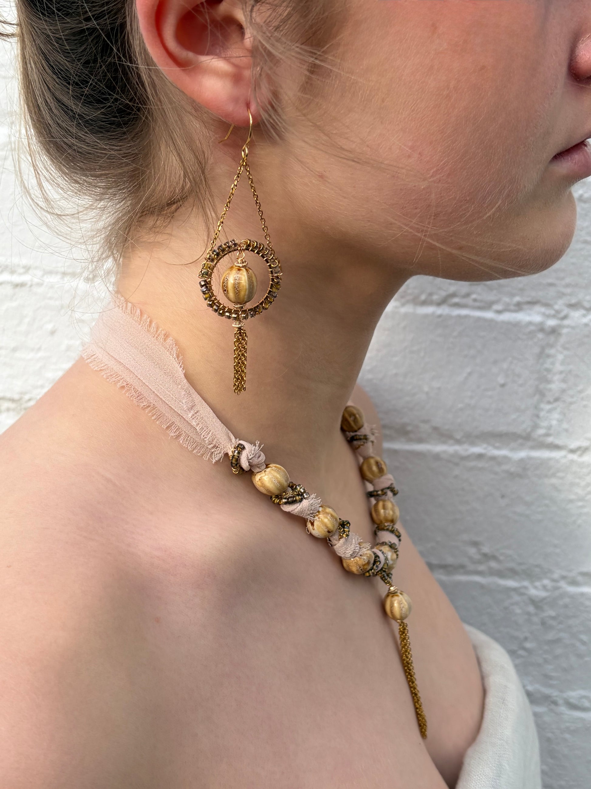 Butterscotch Aurora ceramic bead chandelier tassel earrings