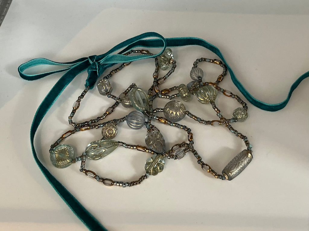 Turquoise Tabitha vintage bead inspired necklace with velvet ribbon