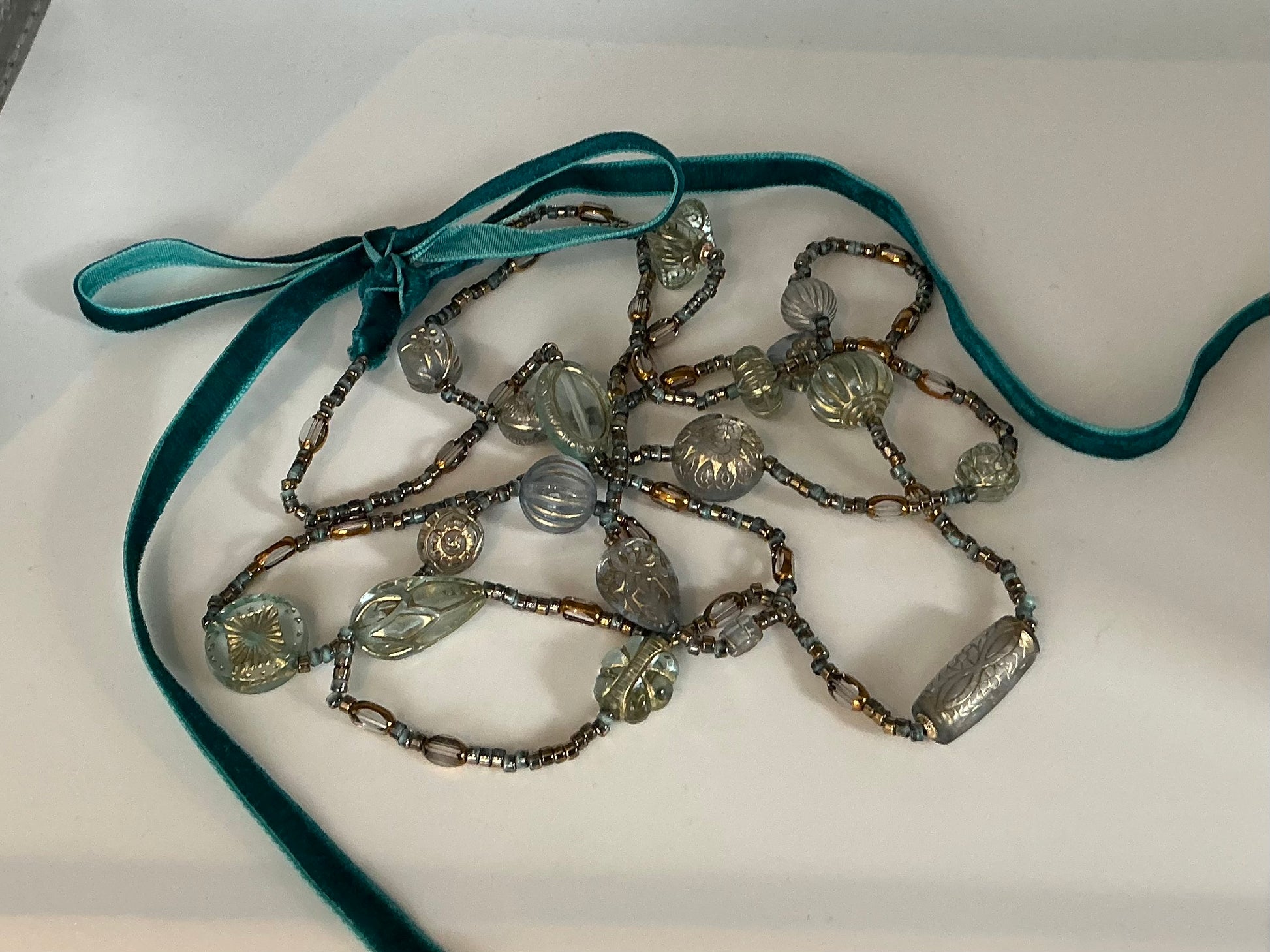 Turquoise Tabitha vintage bead inspired necklace with velvet ribbon