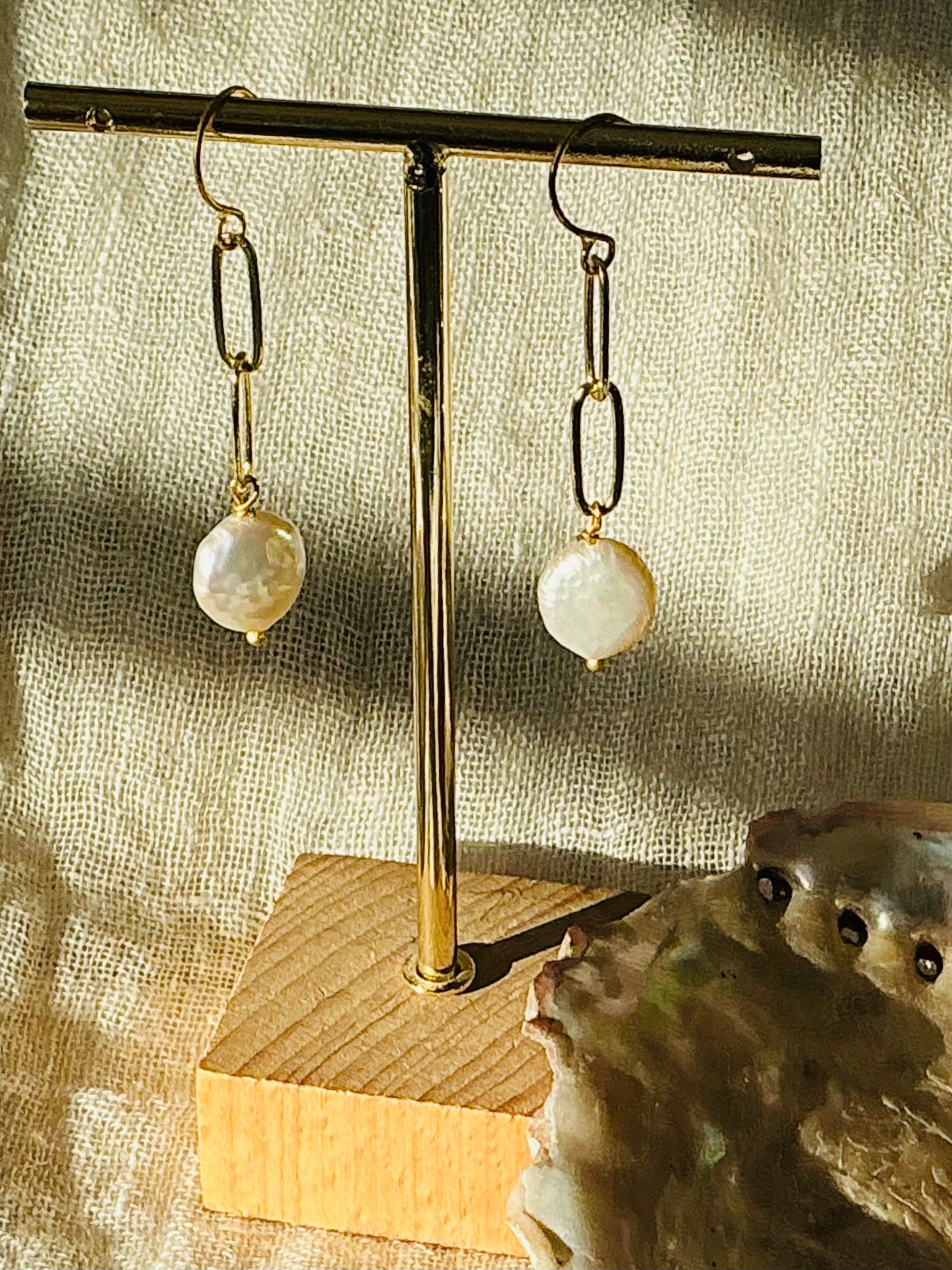 Coin pearl and paperclip chain earrings