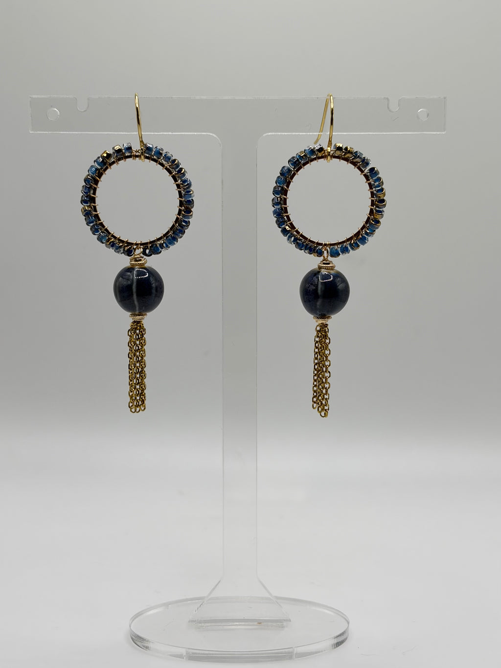 Stone blue Luna ceramic bead tassel earrings