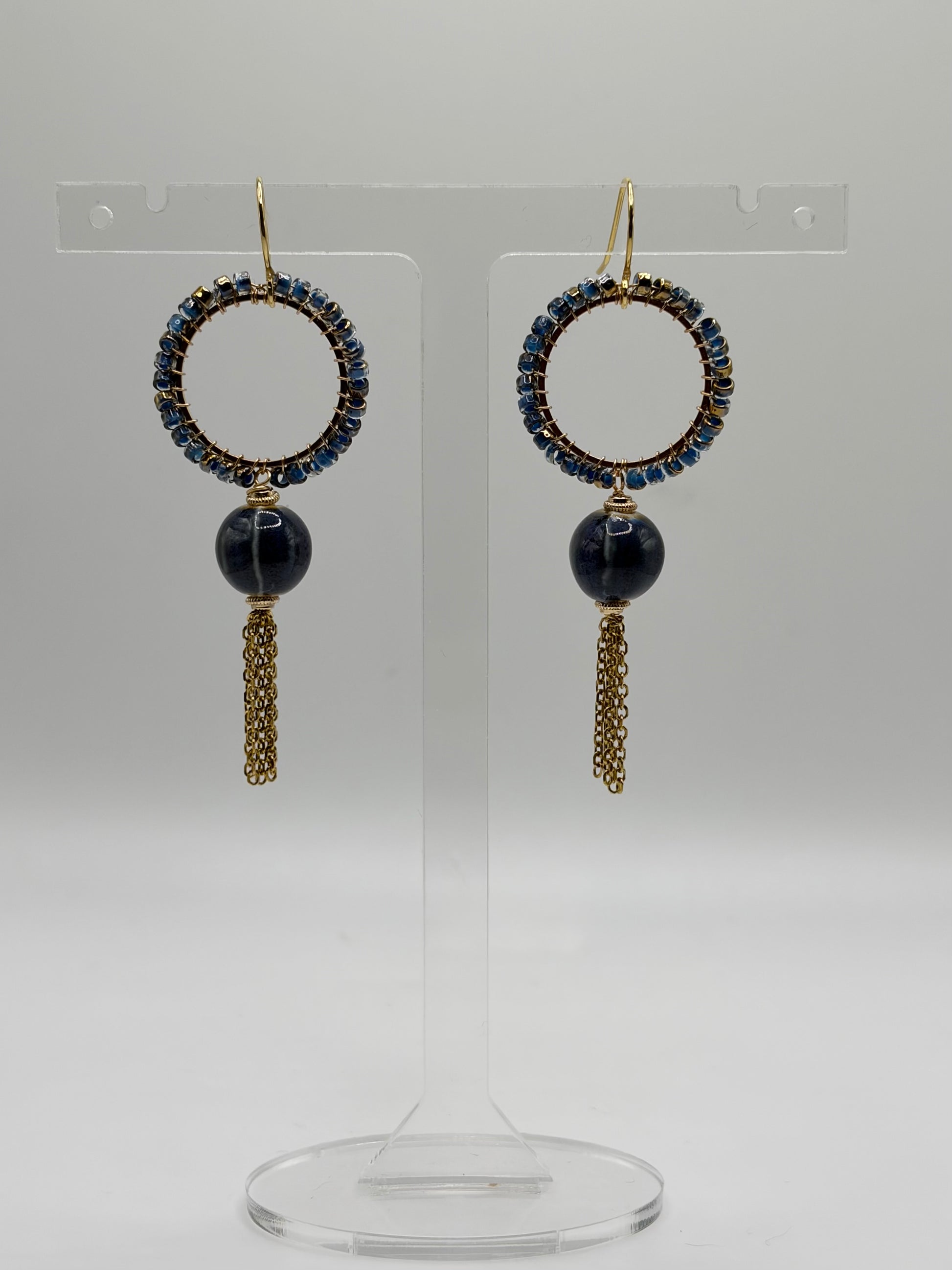 Stone blue Luna ceramic bead tassel earrings
