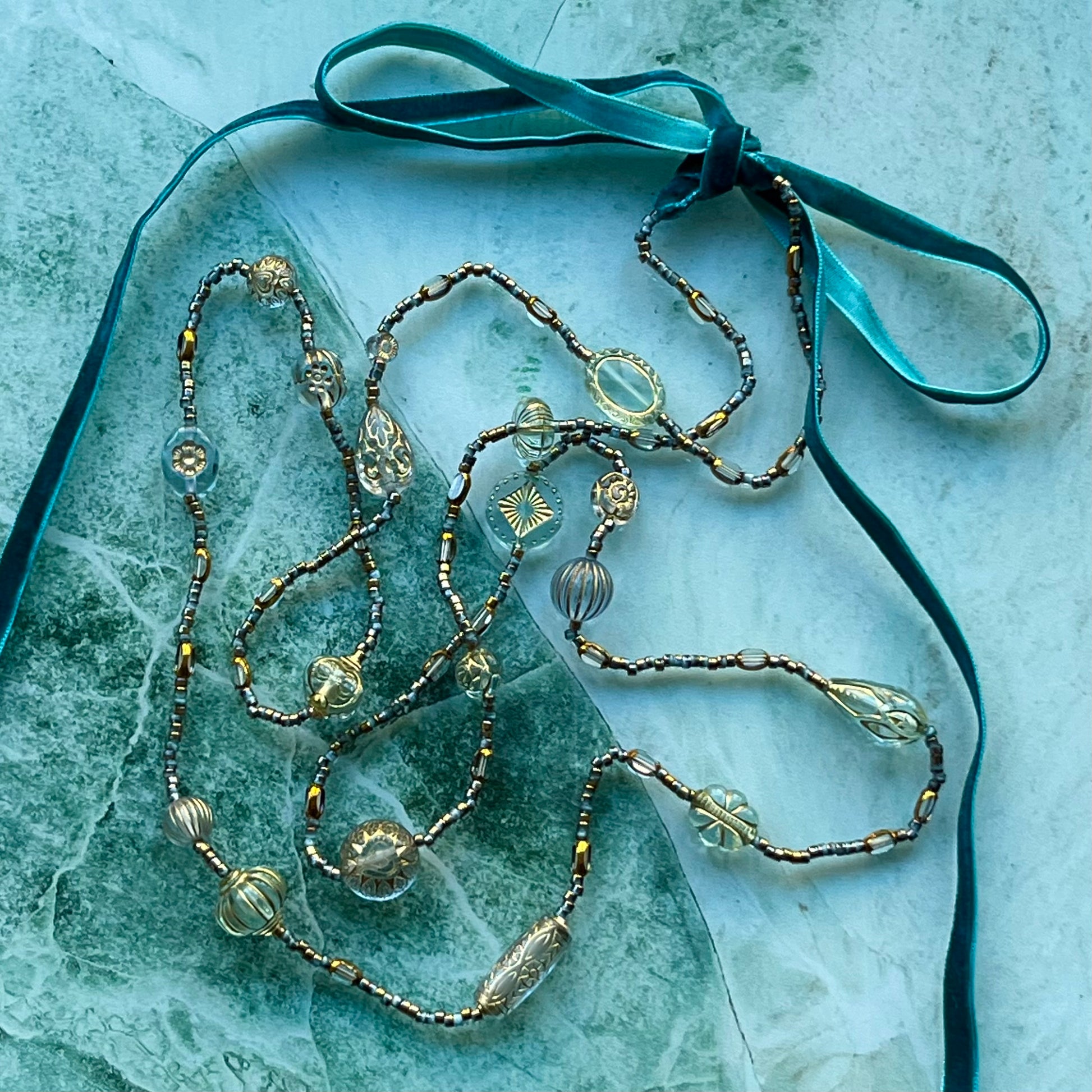 Turquoise Tabitha vintage bead inspired necklace with velvet ribbon