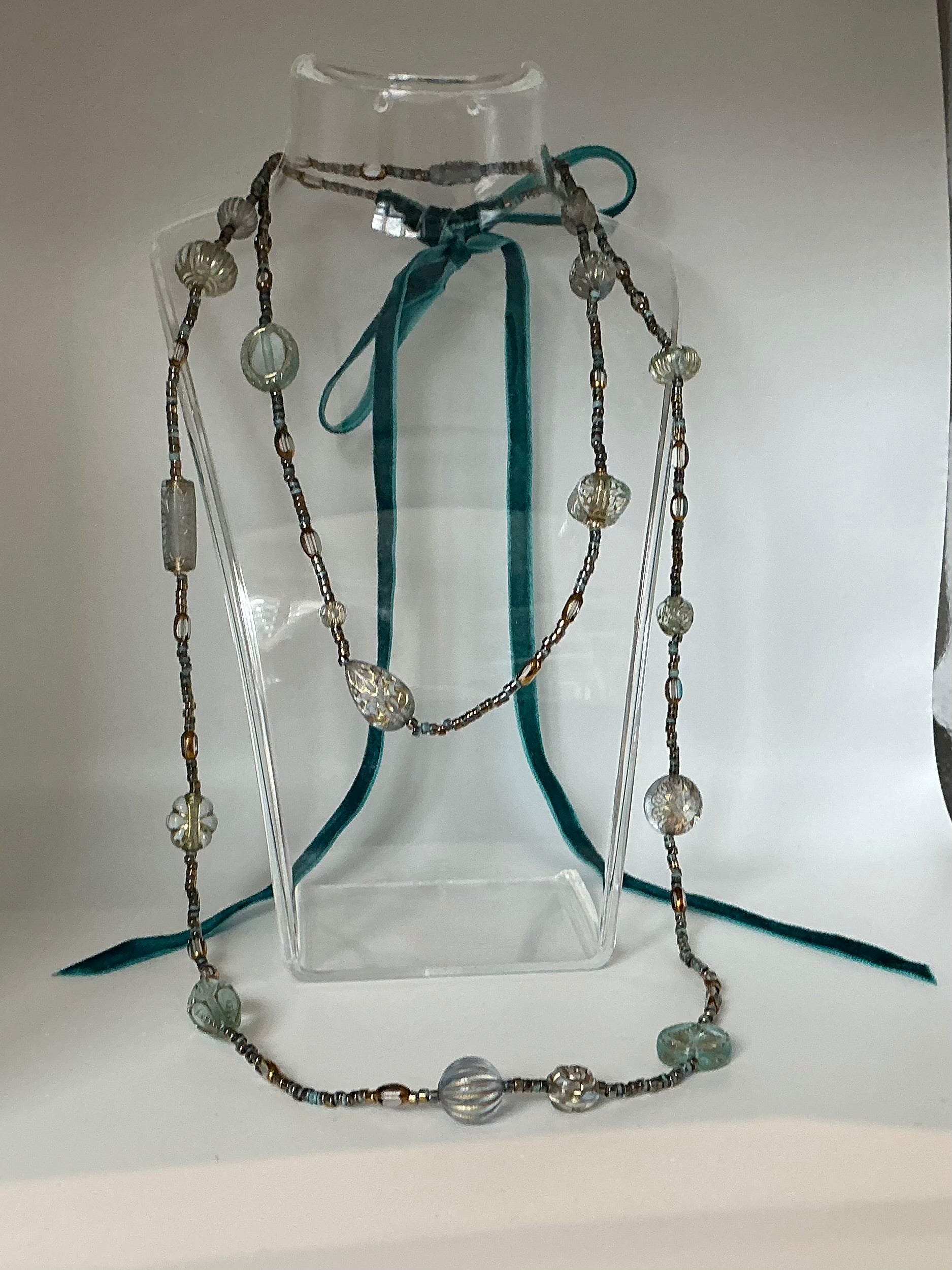 Turquoise Tabitha vintage bead inspired necklace with velvet ribbon