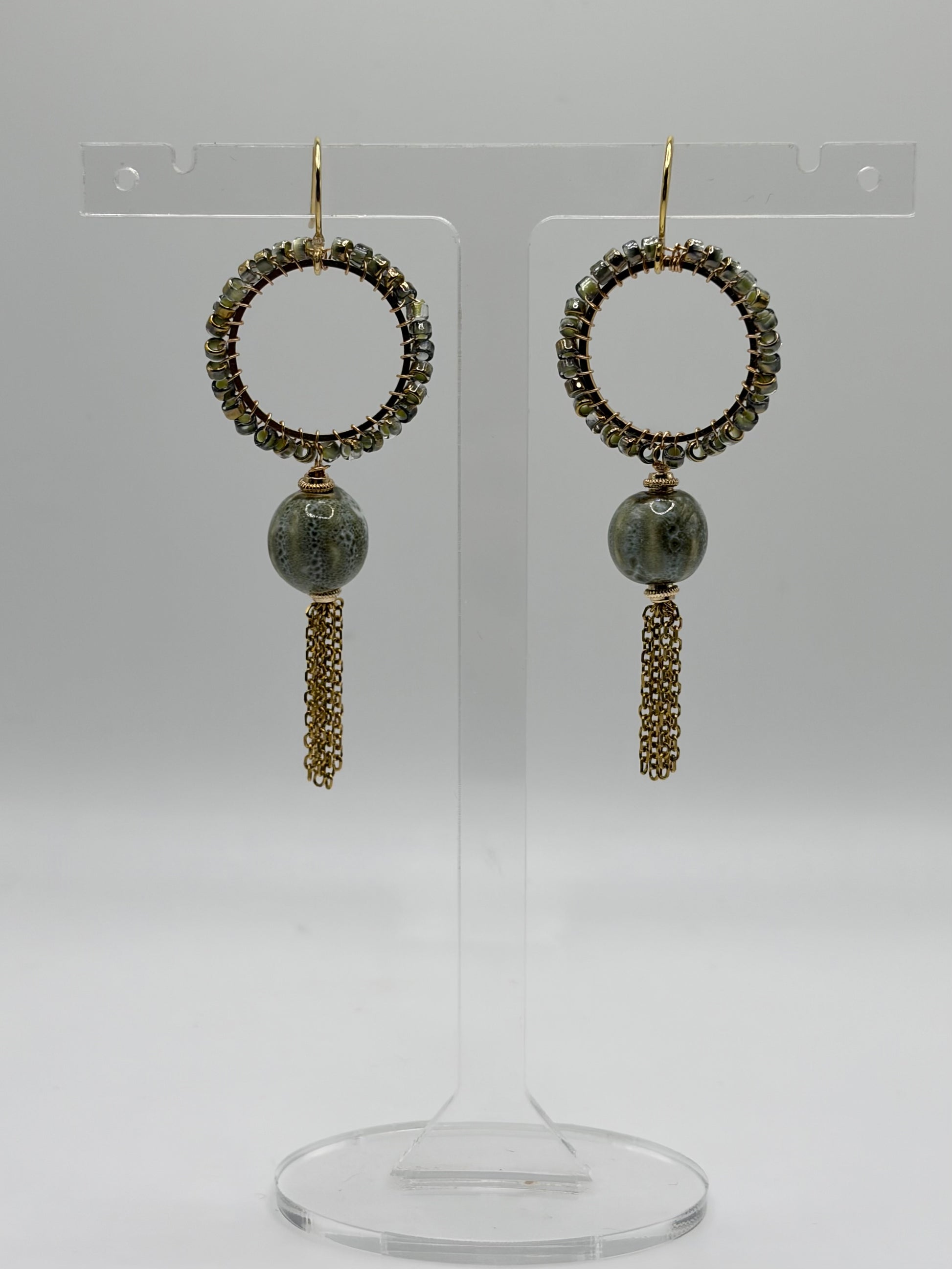Pistachio Luna ceramic bead tassel earrings