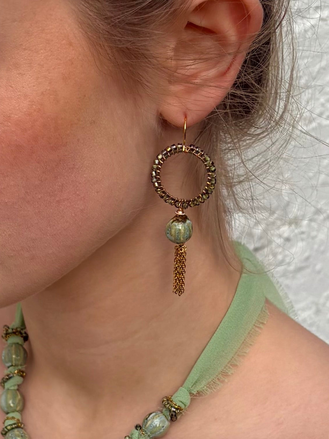 Pistachio Luna ceramic bead tassel earrings