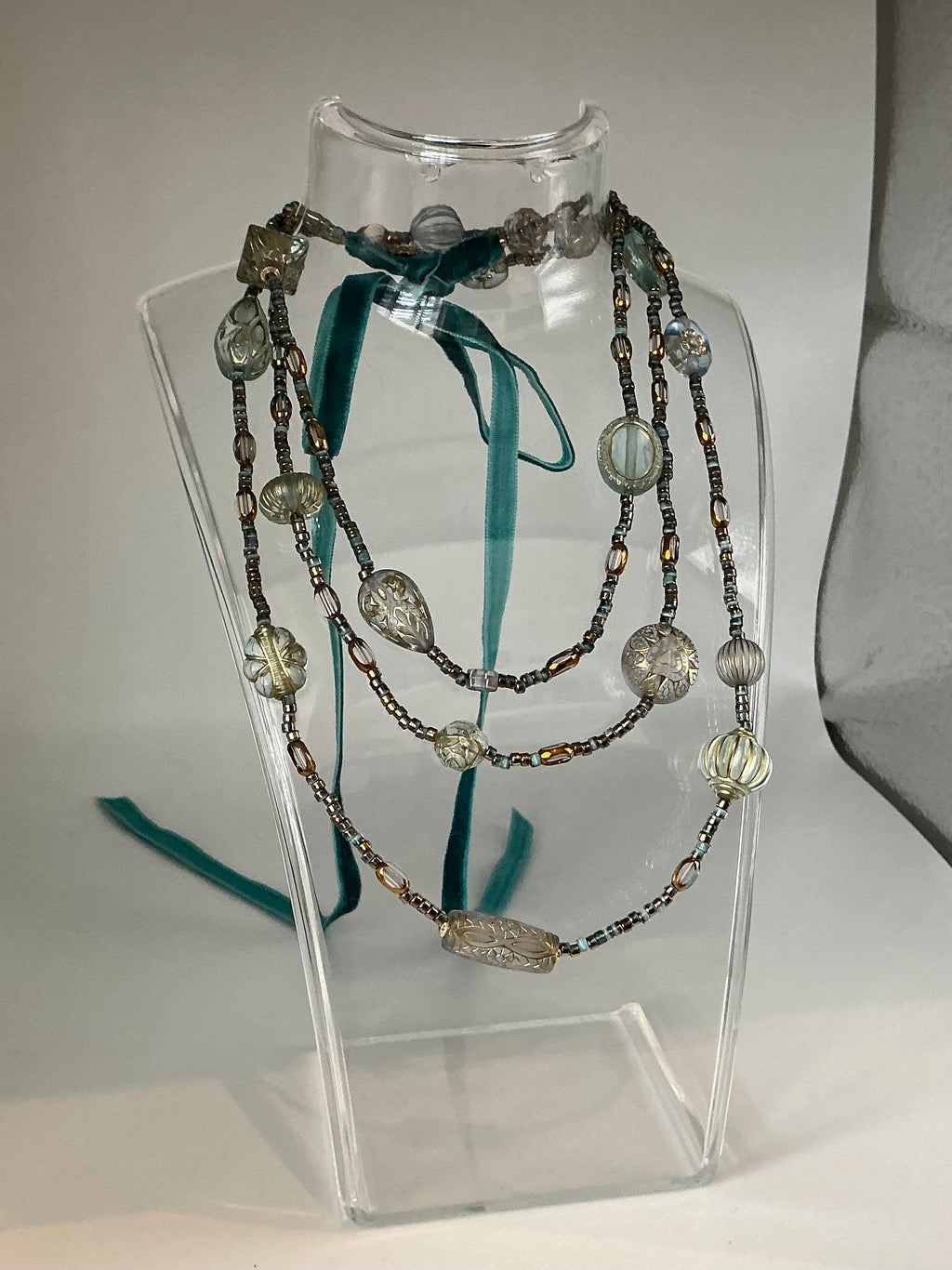 Turquoise Tabitha vintage bead inspired necklace with velvet ribbon