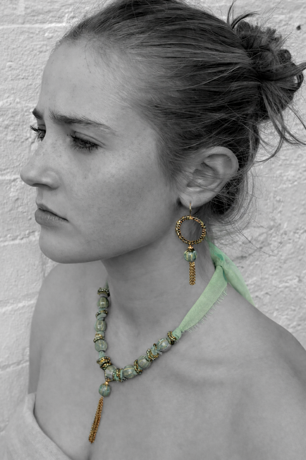Pistachio Anna ceramic beaded chiffon tie necklace