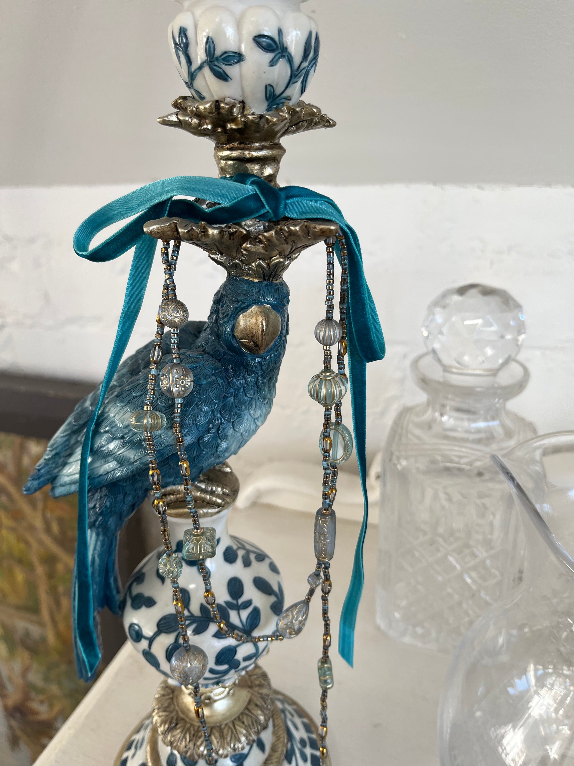 Turquoise Tabitha vintage bead inspired necklace with velvet ribbon
