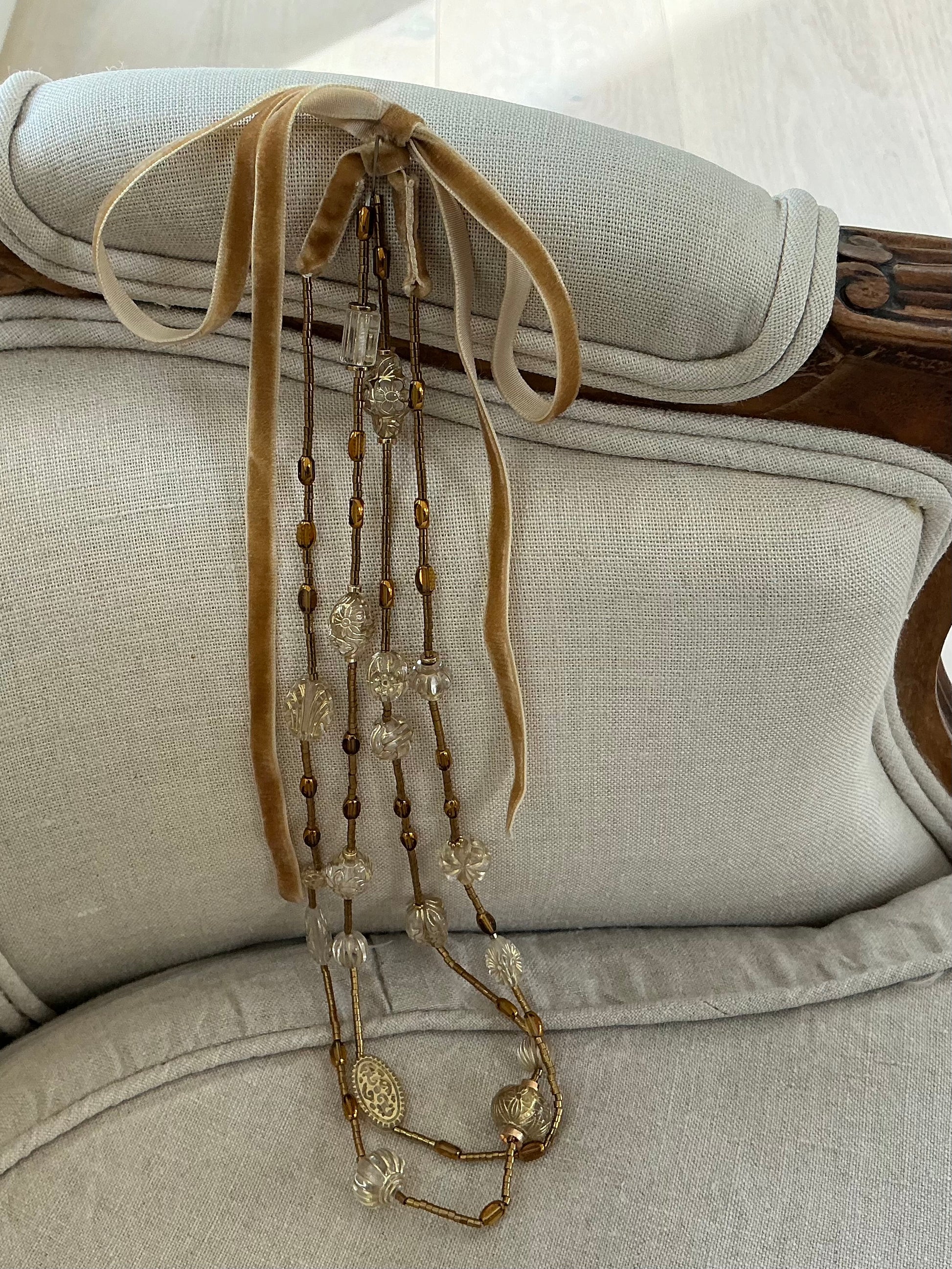 Gold Tabitha vintage bead inspired velvet ribbon necklace