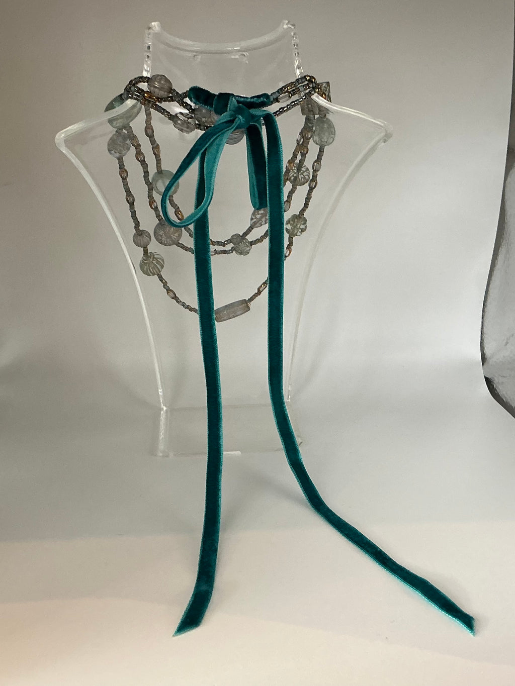 Turquoise Tabitha vintage bead inspired necklace with velvet ribbon