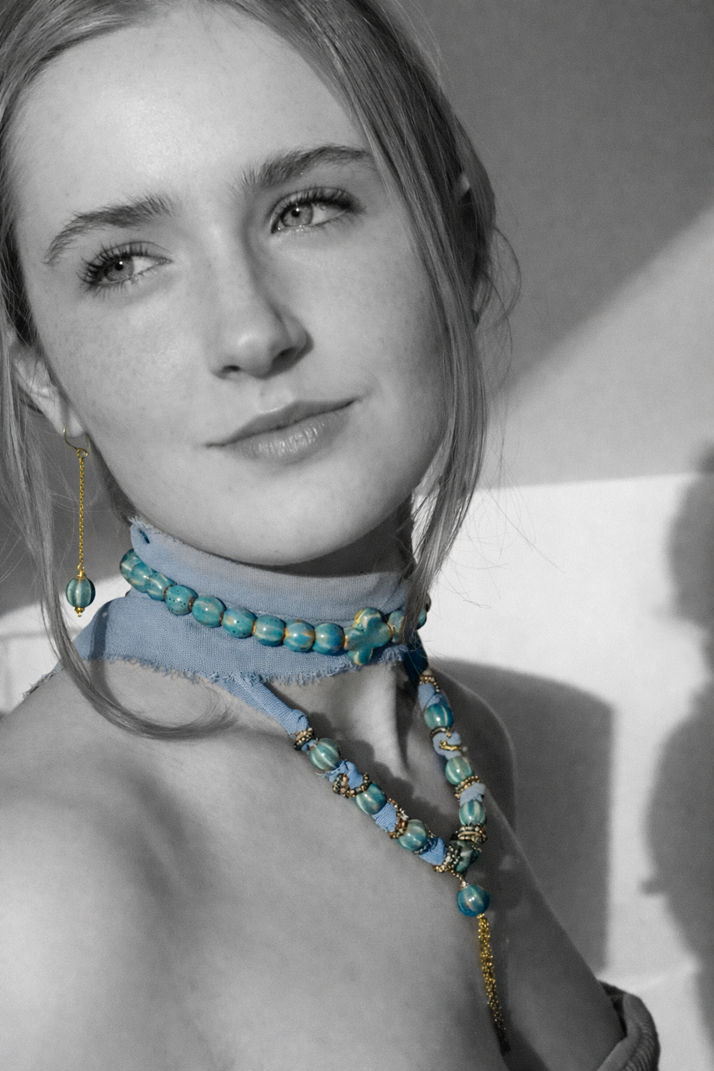 Cerulean blue Anna ceramic beaded chiffon tie necklace