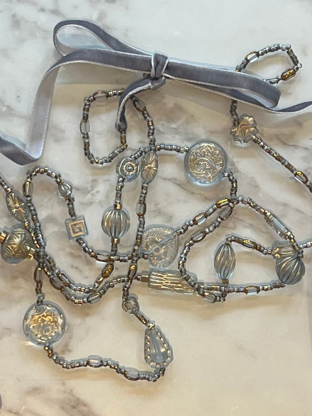 Dove grey Tabitha vintage bead inspired ribbon necklace