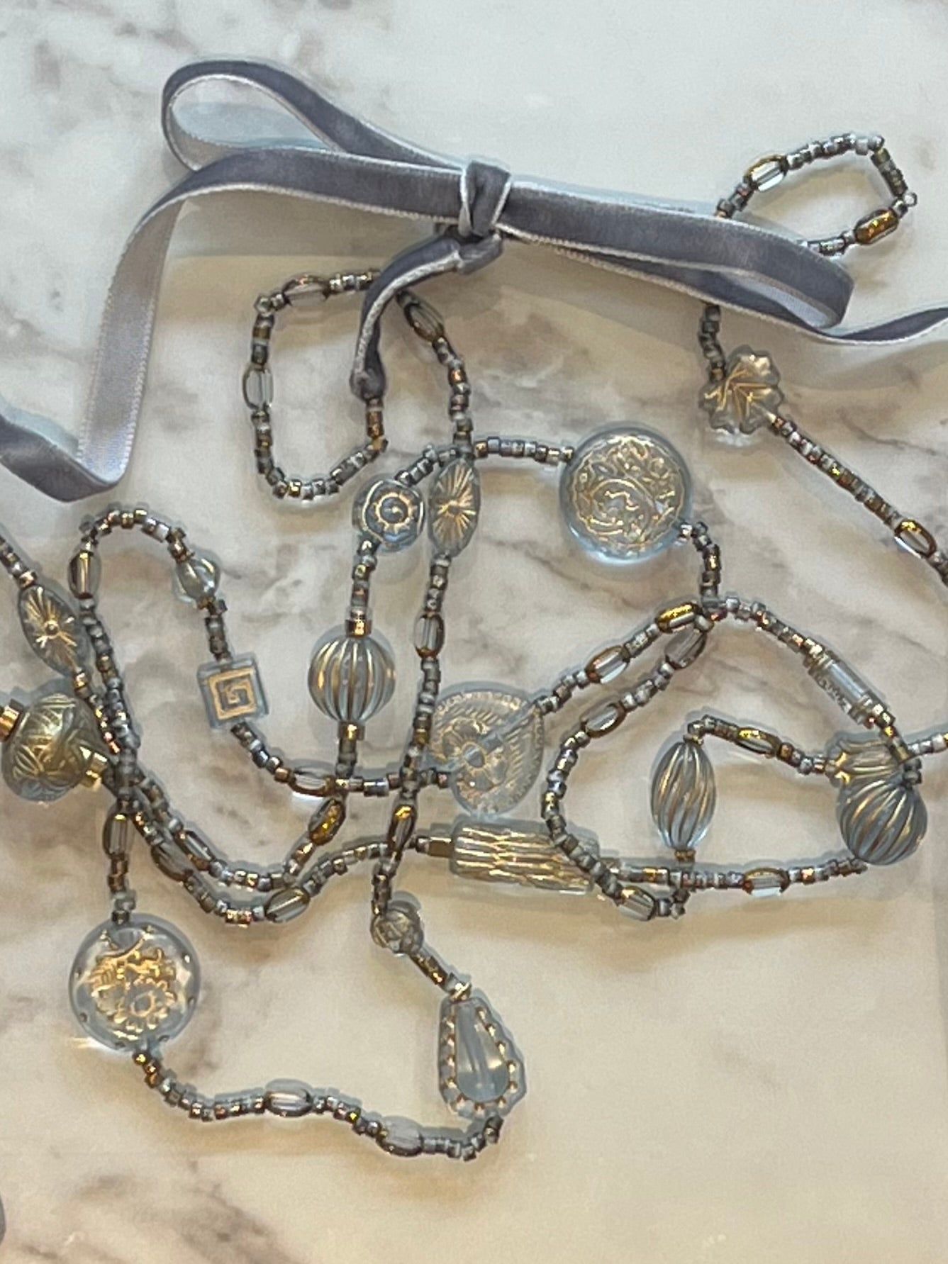 Dove grey Tabitha vintage bead inspired ribbon necklace