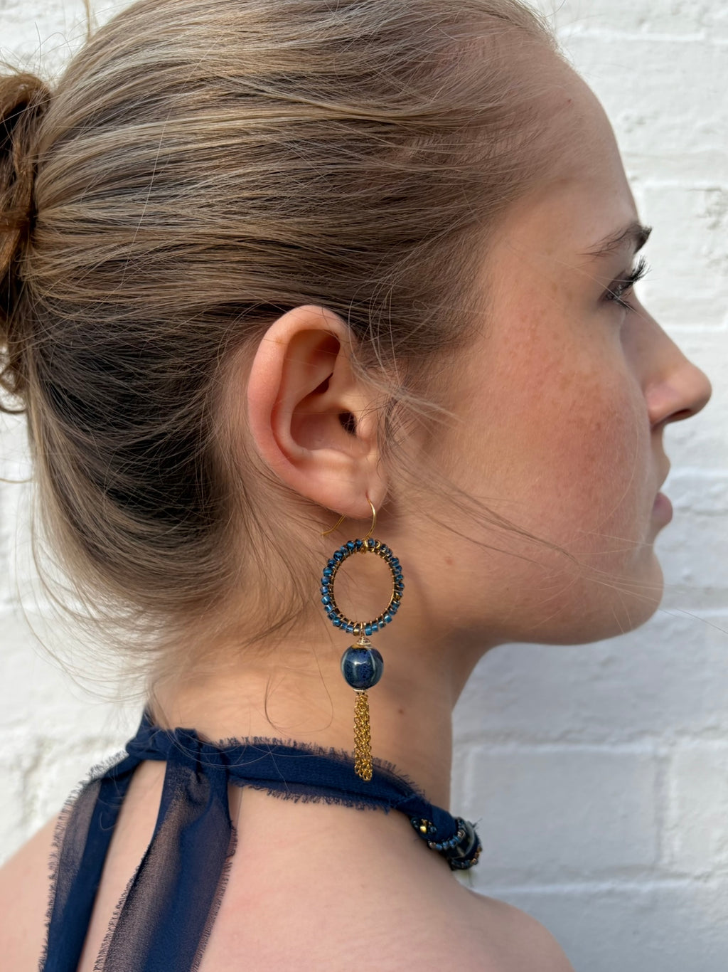 Stone blue Luna ceramic bead tassel earrings
